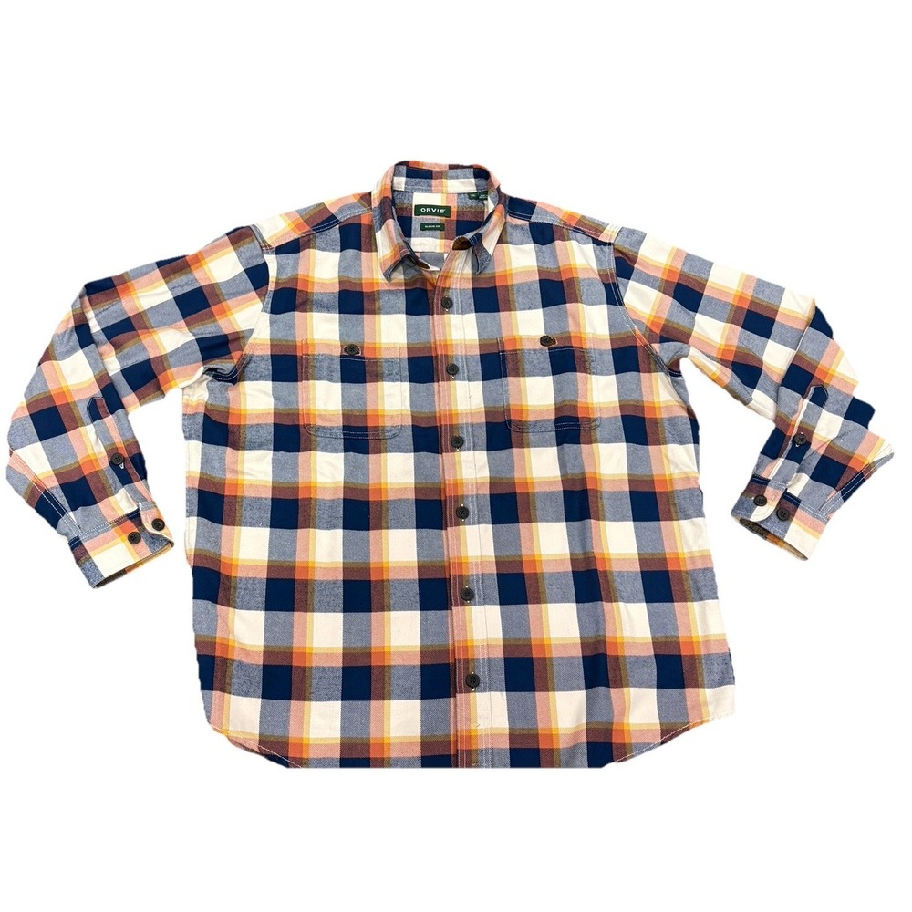 Orvis Mens XL Plaid Flannel Cotton Button-Up Shirt Long Sleeve Classic Pockets - Picture 2 of 12